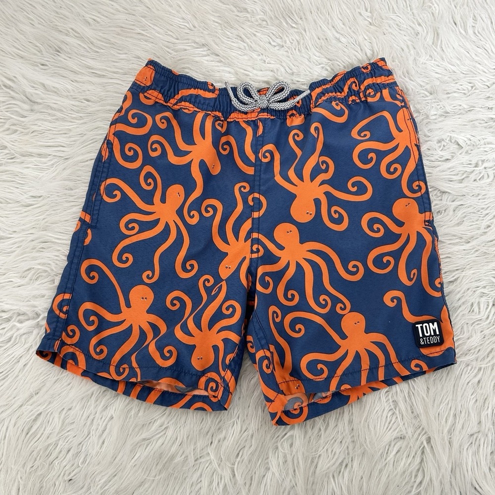 Tom & Teddy Swim Trunks Boys Sz 7/8 Octopus Board Shorts Blue Orange‎ Mesh Lined